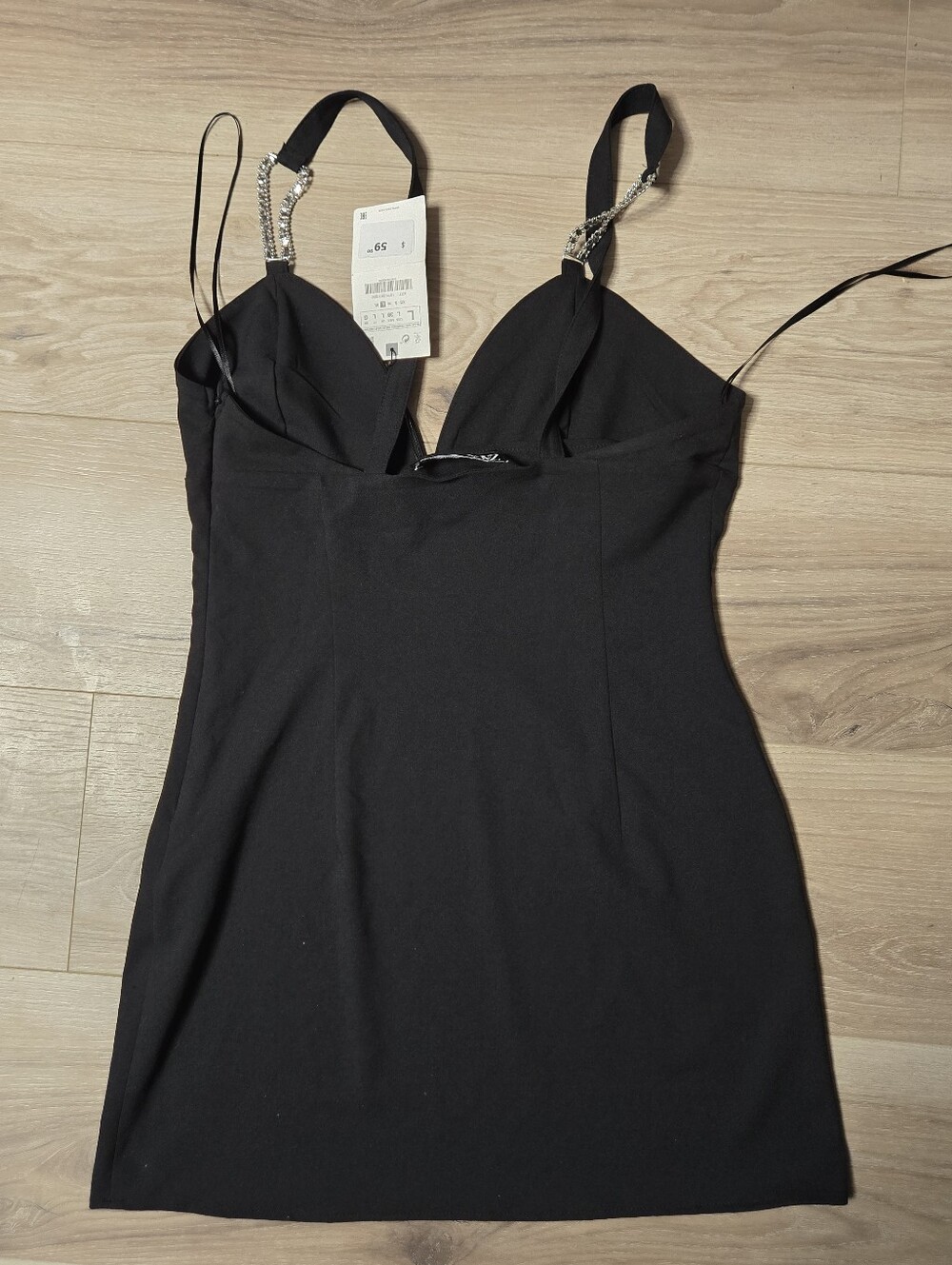 ZARA Black Mini Dress with Rhinestone Straps - Size L - Picture 5 of 6